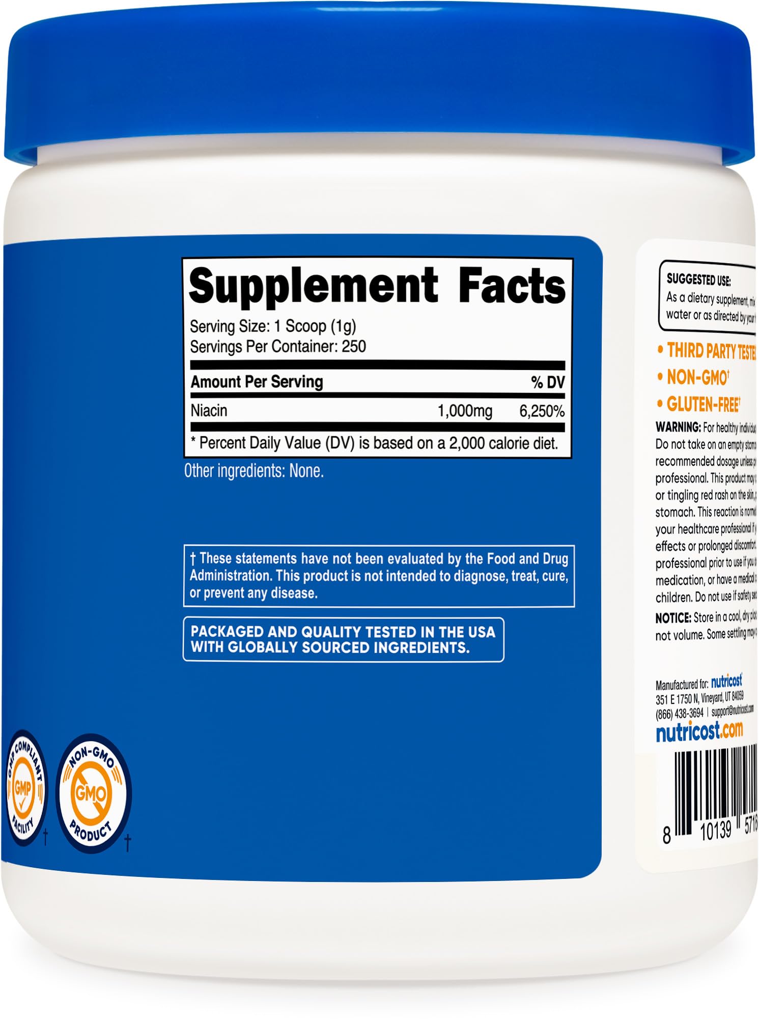 Nutricost Niacin powder packaging with quality certifications and safety notes