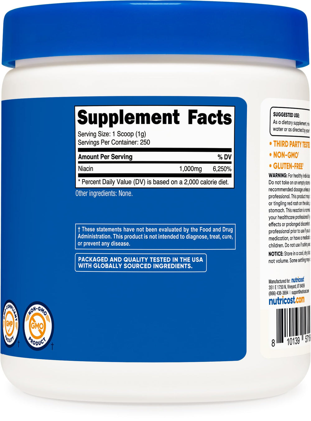 Nutricost Niacin powder packaging with quality certifications and safety notes