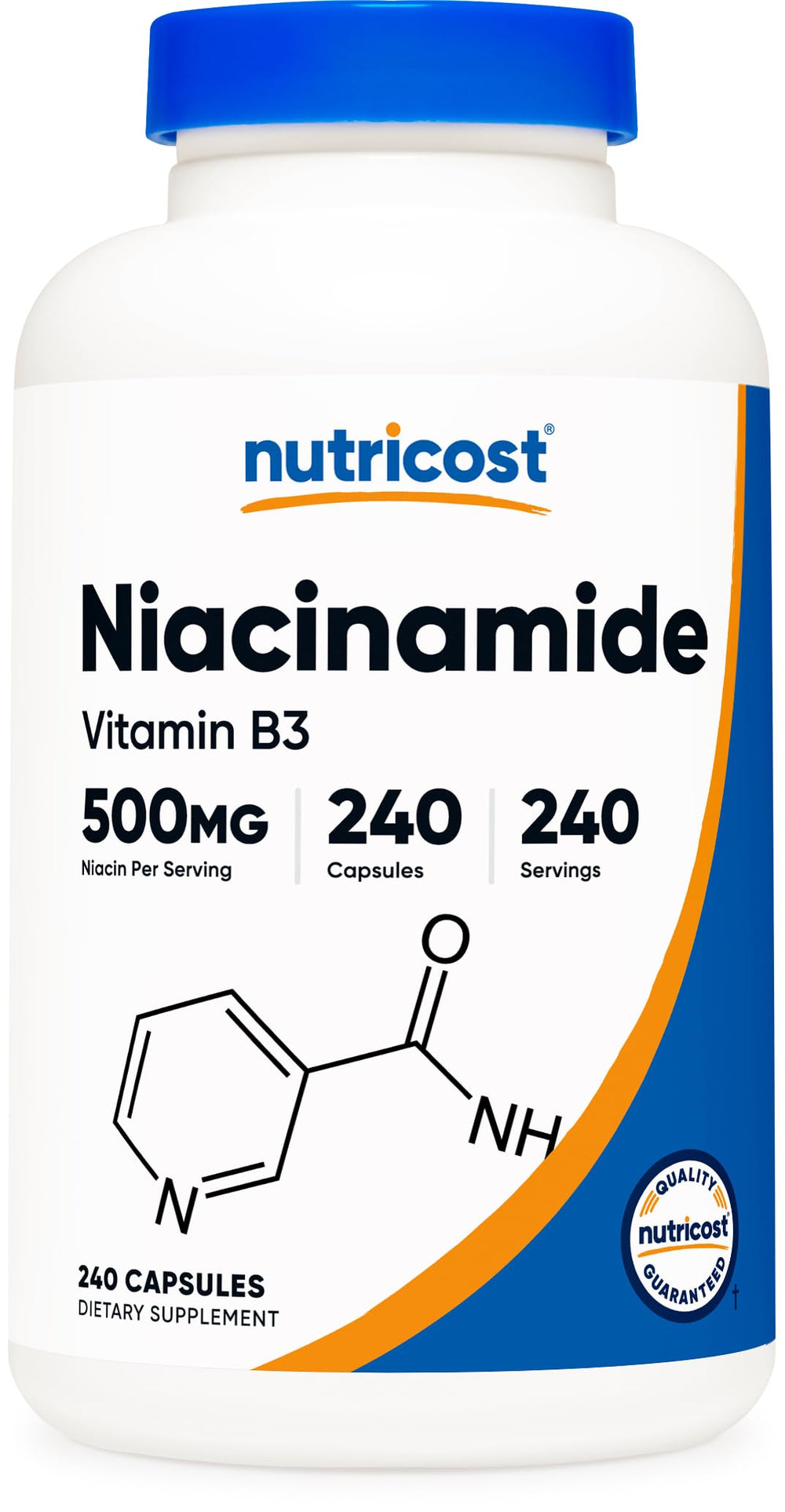 Nutricost Niacinamide 500mg bottle front highlighting flush-free vitamin B3