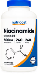 Nutricost Niacinamide 500mg bottle front highlighting flush-free vitamin B3