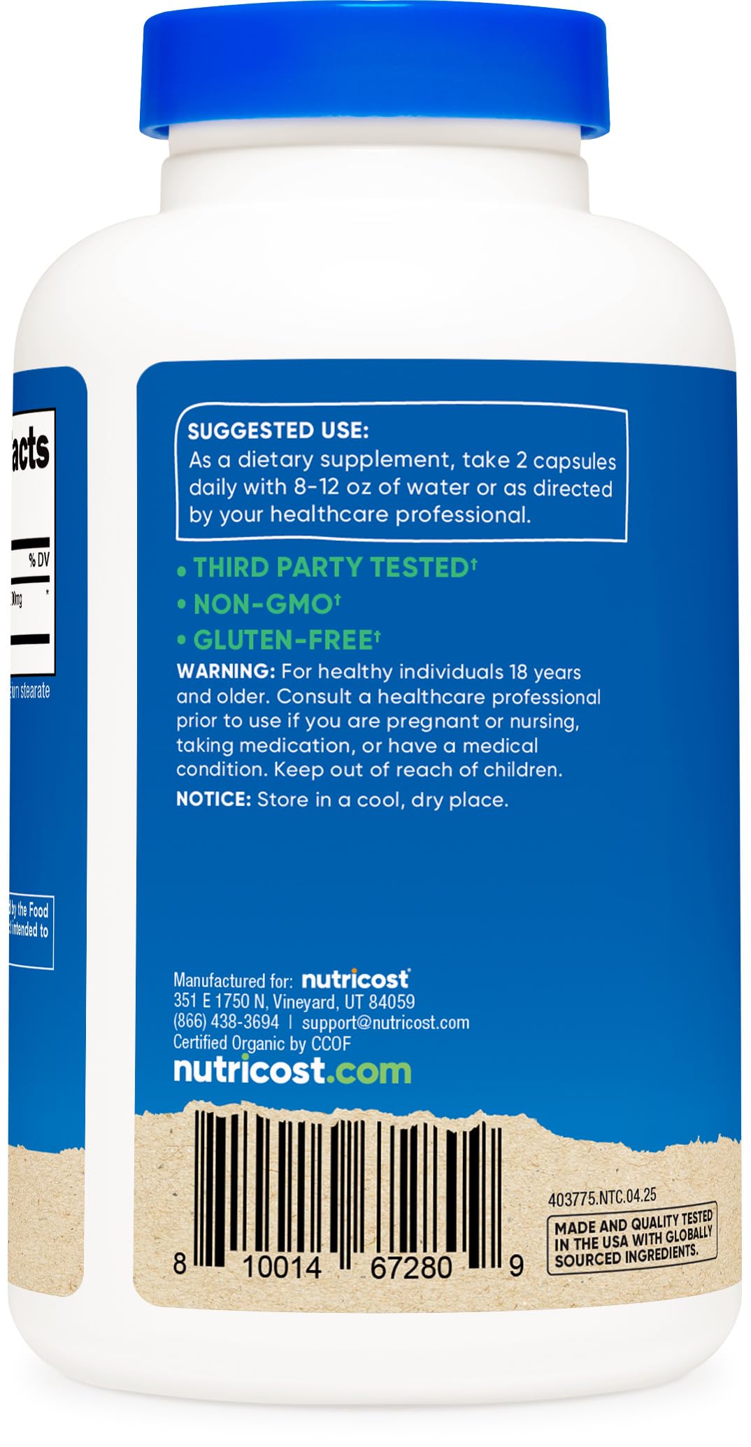 Nutricost Noni capsules bottle shows 240 capsules, 120 servings total.