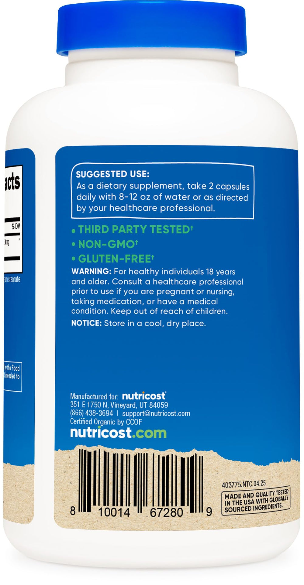 Nutricost Noni capsules bottle shows 240 capsules, 120 servings total.