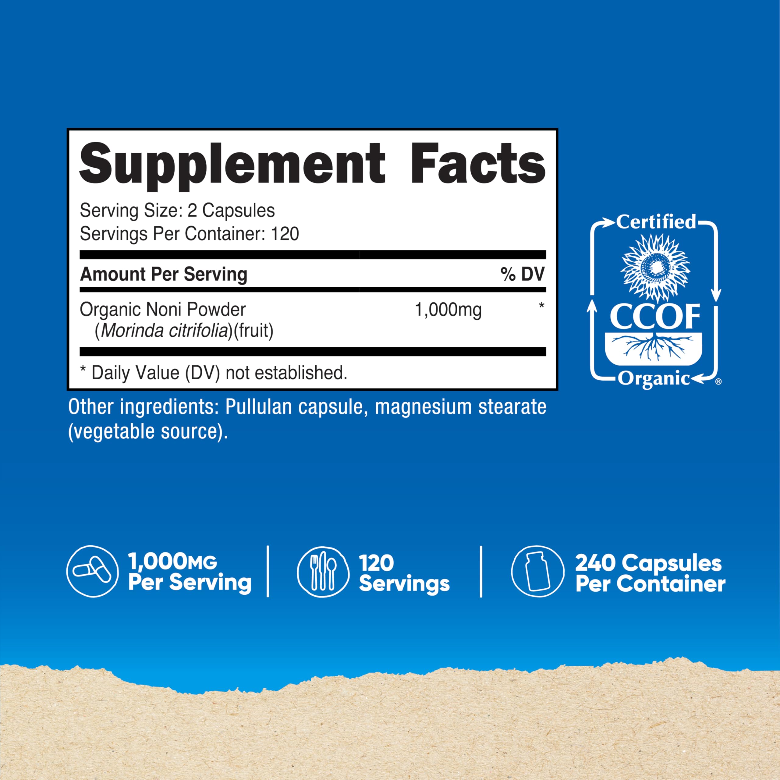 Nutricost Noni capsules serving size panel indicates daily dose.