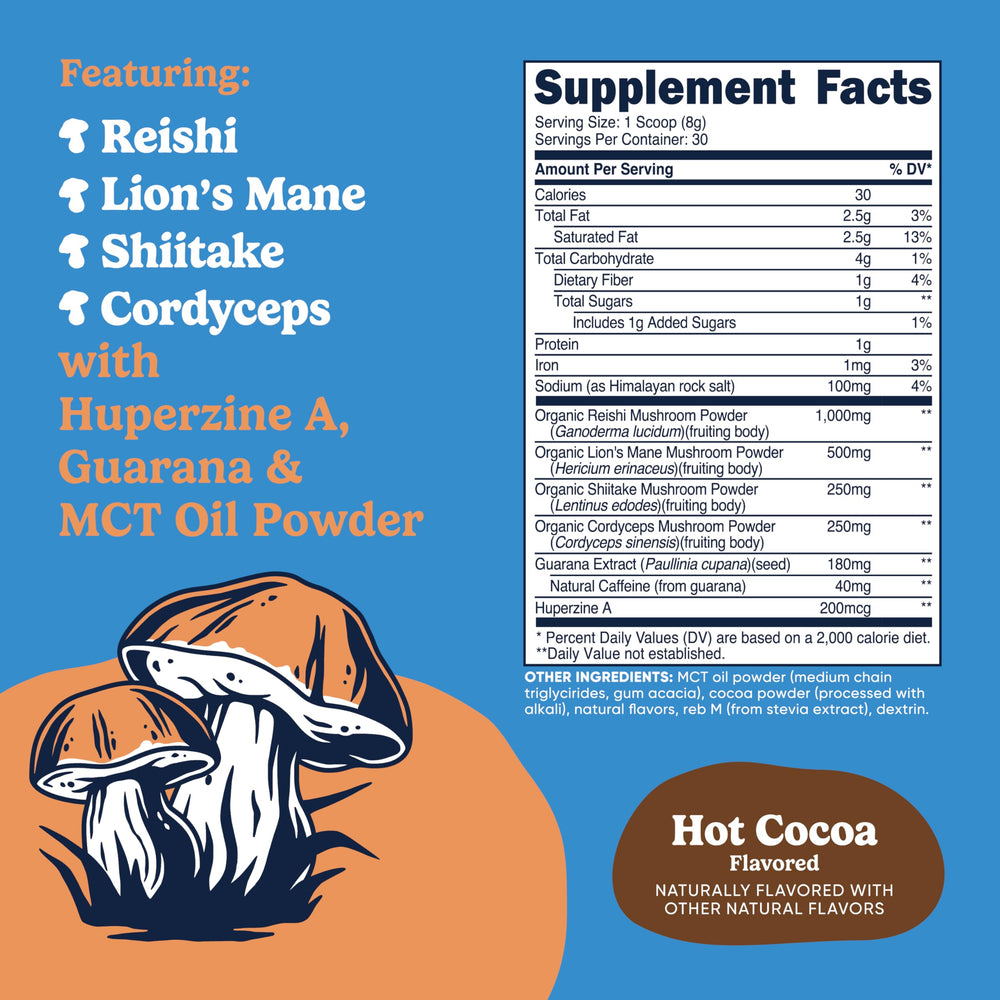 Nutricost Nutrizen AM Focus Hot Cocoa label highlights mushroom blend for focus-friendly routine