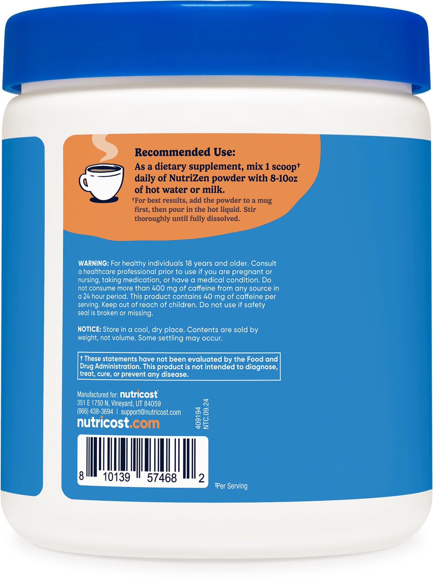 Nutricost Nutrizen AM Focus Hot Cocoa mug with steam for cozy energy boost