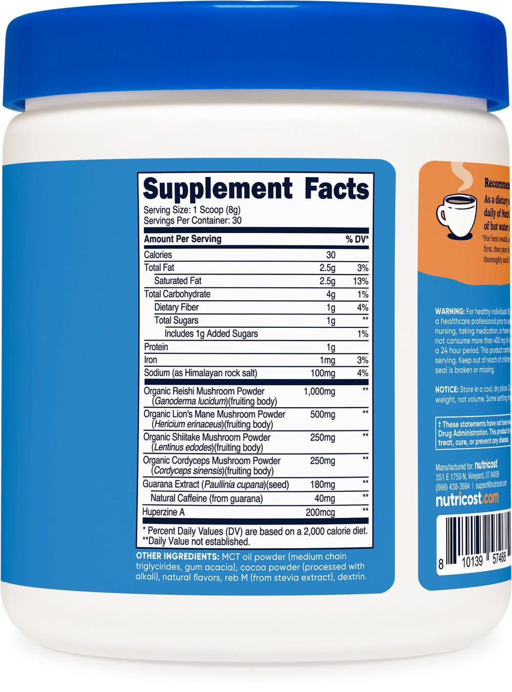 Nutricost Nutrizen AM Focus Hot Cocoa packaging closeup emphasizes 30-serving value