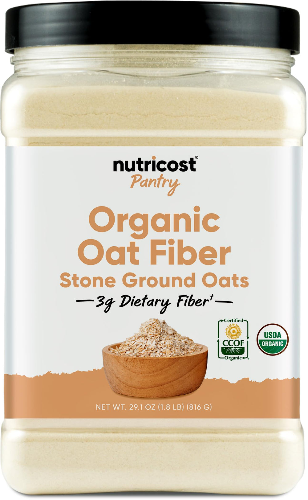 Nutricost Oat Fiber container with USDA Organic label, ideal for daily fiber addition.