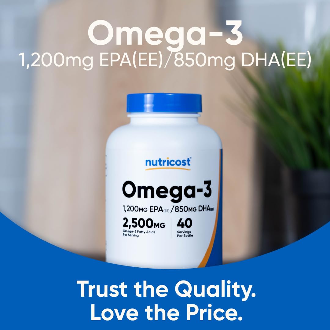 Nutricost Omega-3 branding on bottle indicates 2500mg omega-3 per serving.