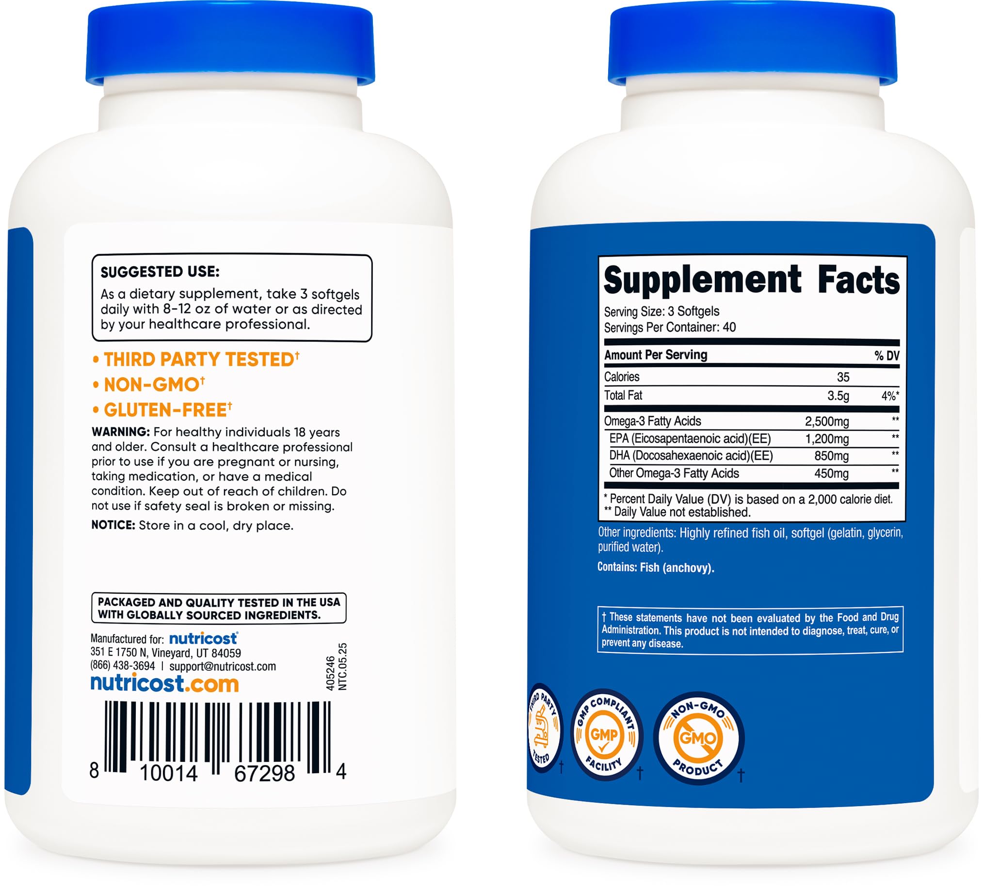 Nutricost Omega-3 bottle on shelf signals 120 softgels per bottle.
