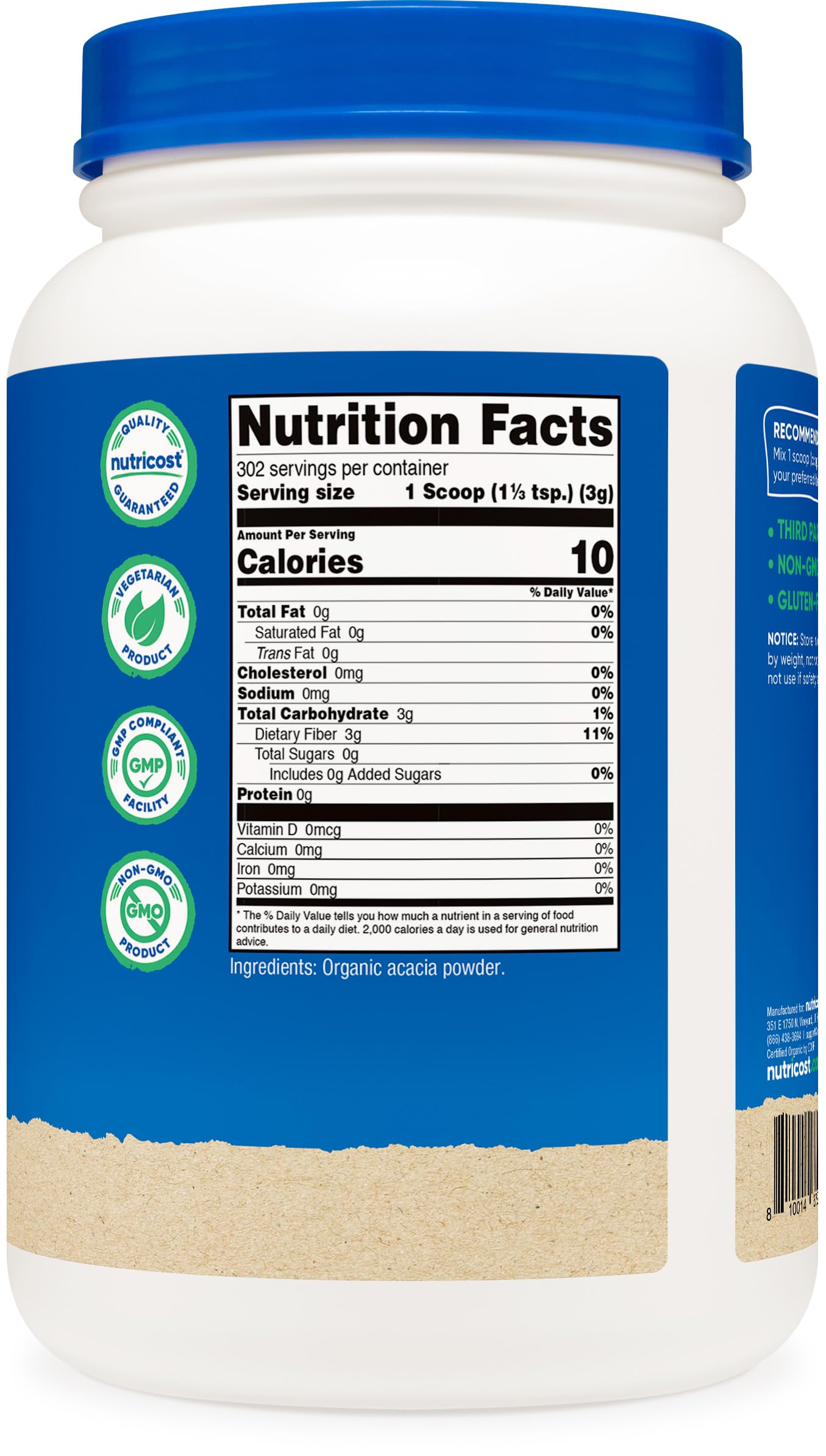 Nutricost Organic Acacia Fiber Powder on a kitchen counter ready to mix