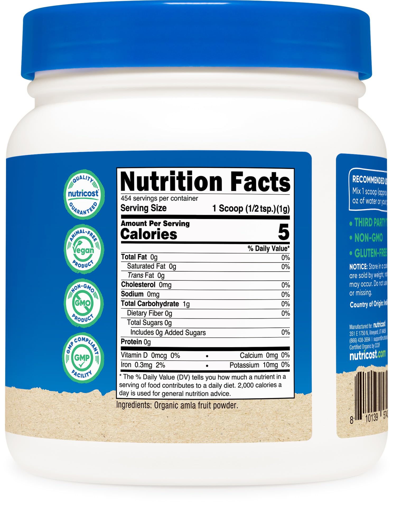 Nutricost Organic Amla Powder label highlights USDA organic and NSF certifications.