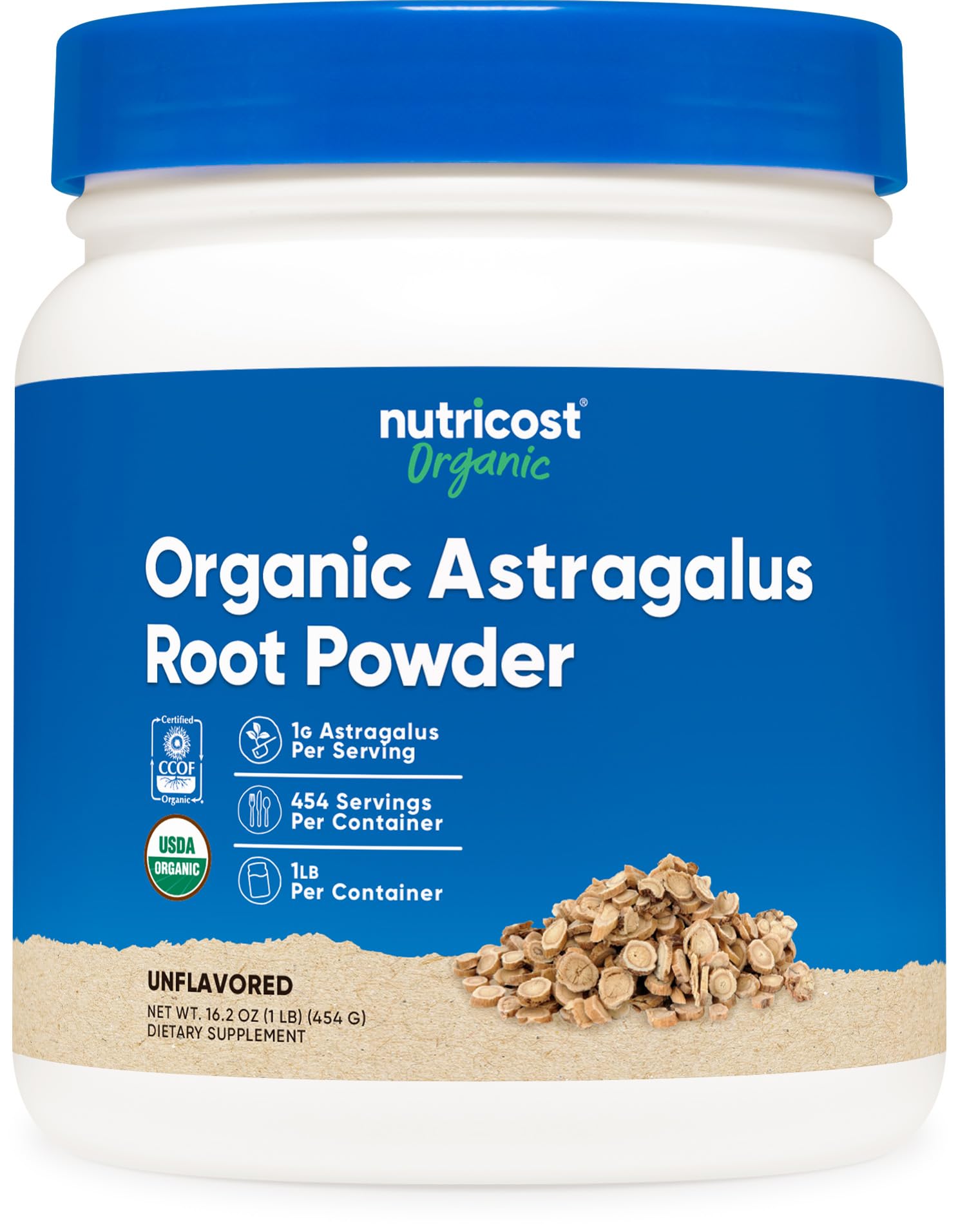 Nutricost Organic Astragalus Root Powder bottle on counter for daily use in smoothies