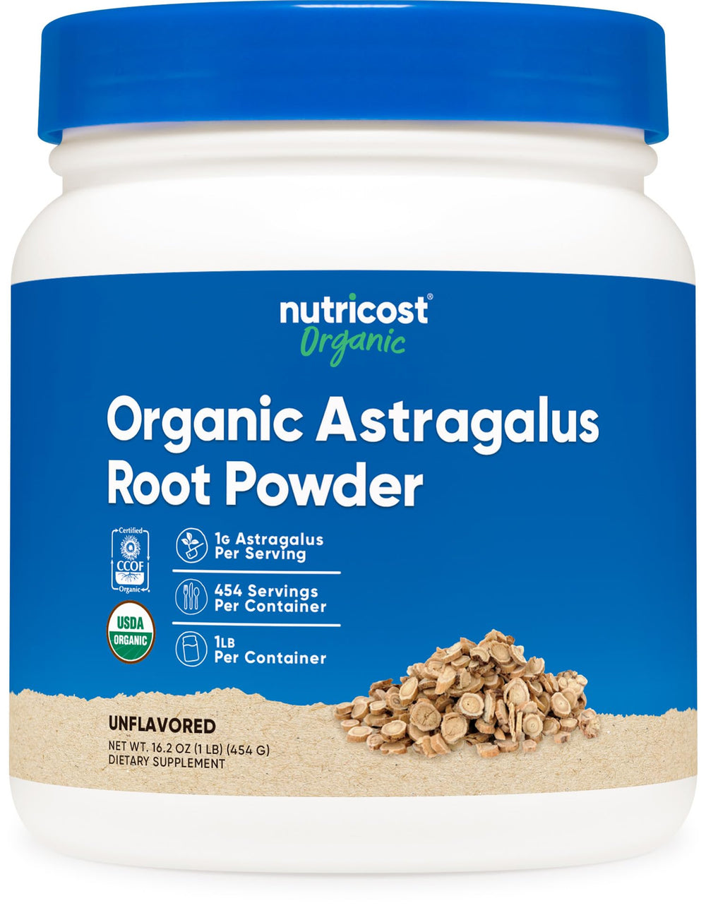 Nutricost Organic Astragalus Root Powder bottle on counter for daily use in smoothies