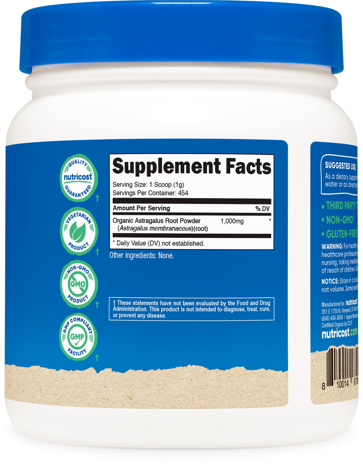 Nutricost Organic Astragalus Root Powder container on pantry shelf for everyday use