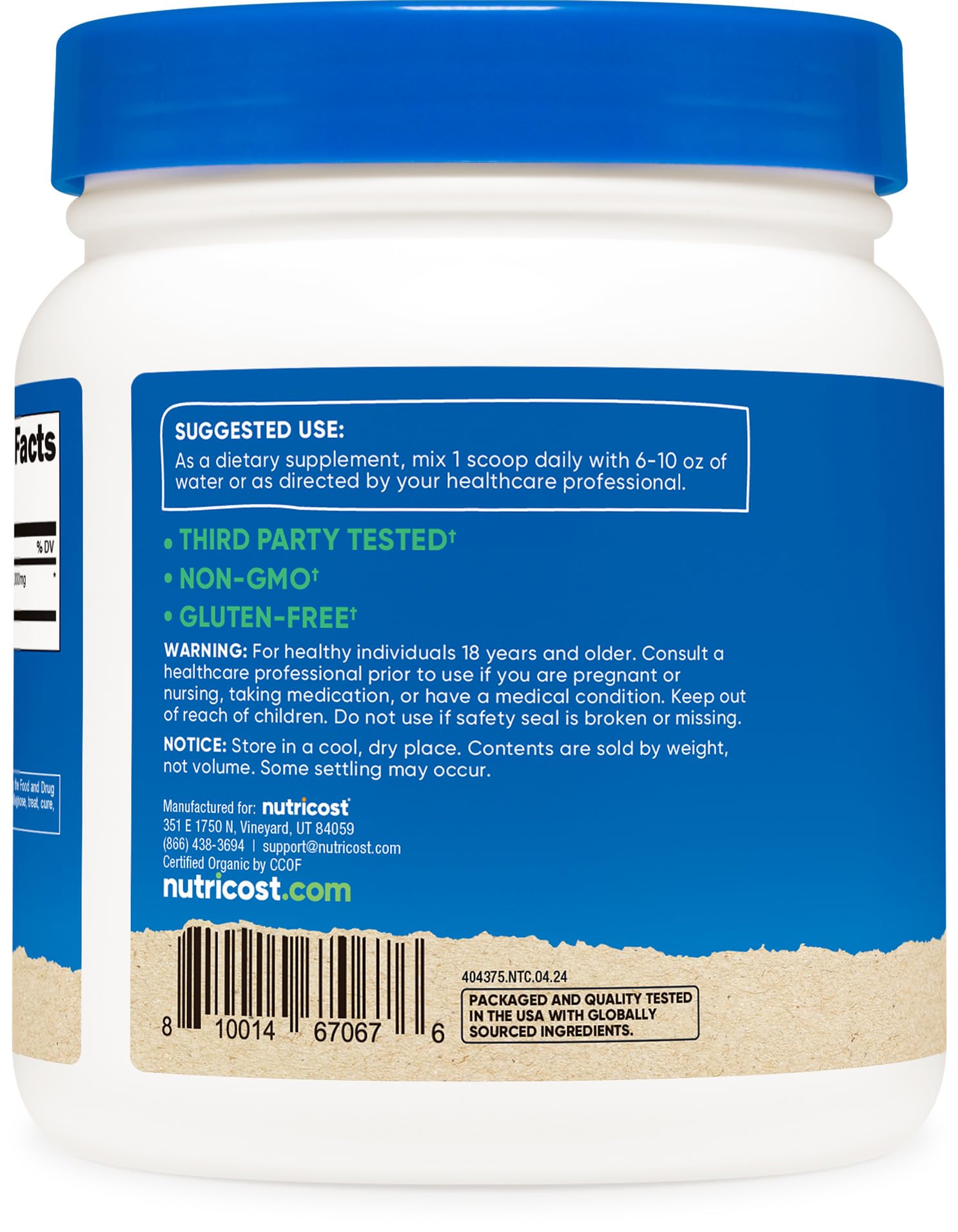 Close-up of Nutricost Astragalus powder label highlighting purity and quality