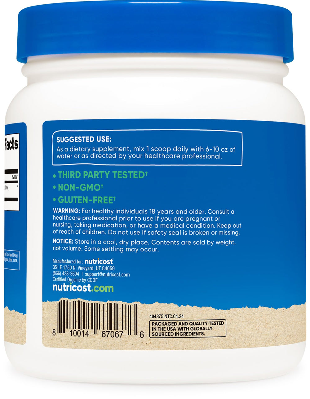 Close-up of Nutricost Astragalus powder label highlighting purity and quality