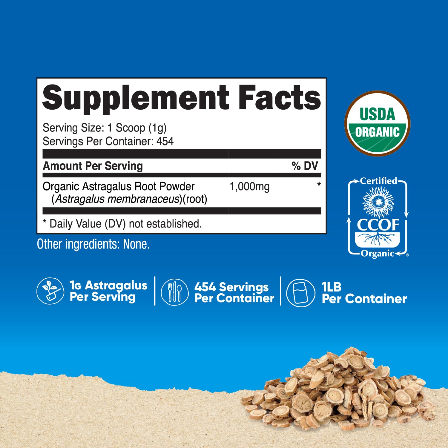 Nutricost Astragalus powder scoop beside container for measuring servings