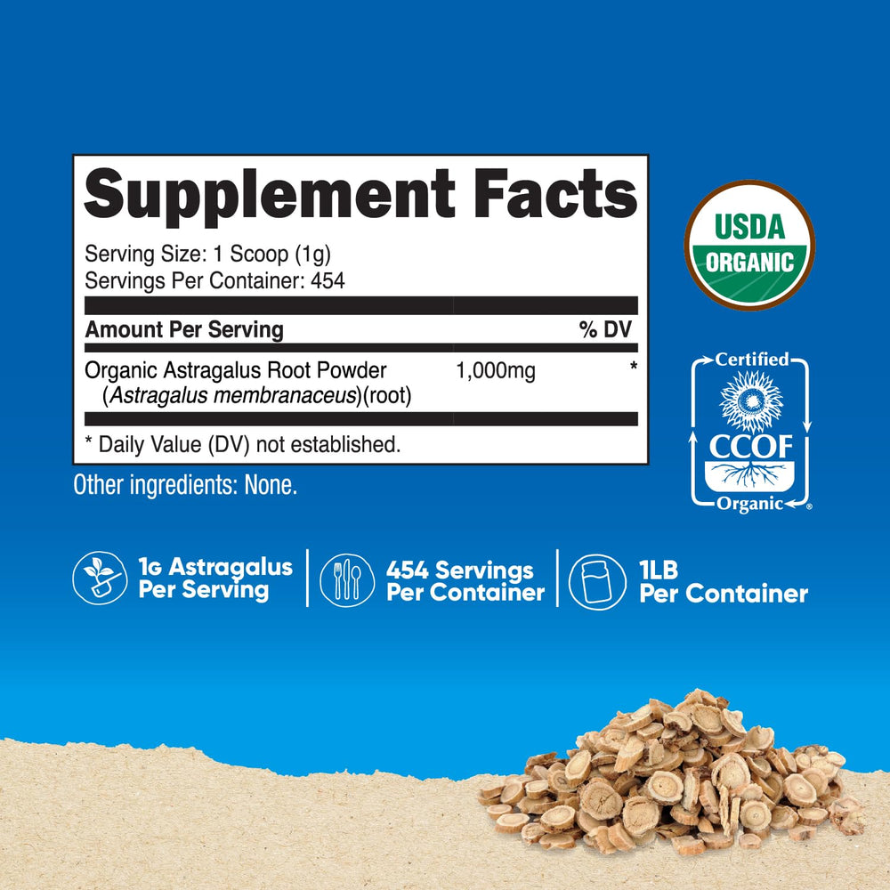 Nutricost Astragalus powder scoop beside container for measuring servings
