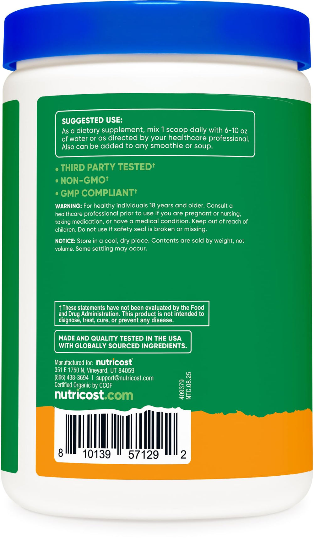 Organic certification label on Nutricost Greens packaging.