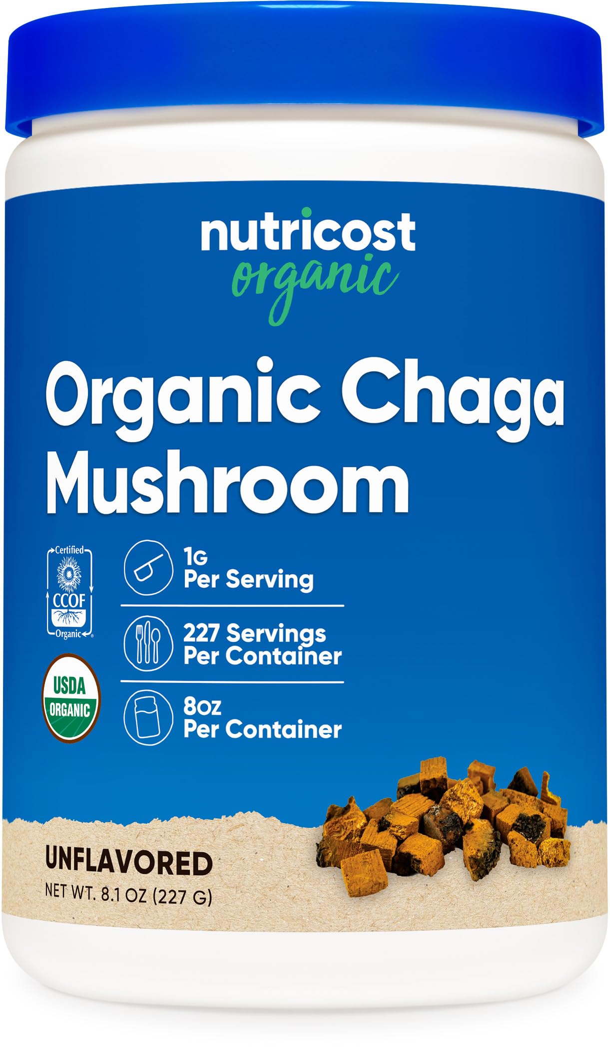 Nutricost Organic Chaga powder bottle for daily wellness.