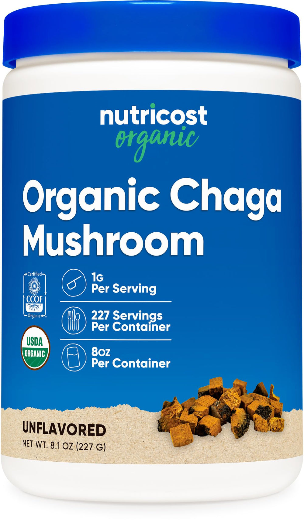 Nutricost Organic Chaga powder bottle for daily wellness.