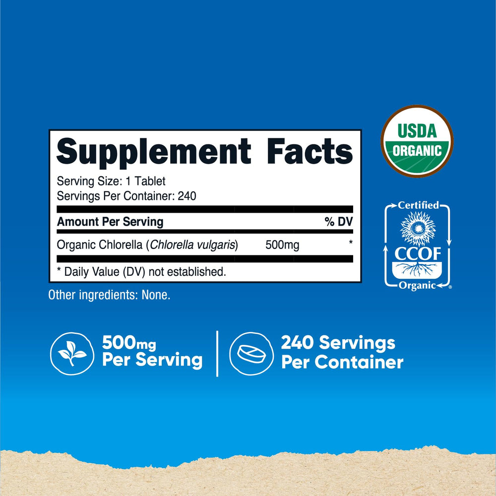 Nutricost Organic Chlorella 500mg label back, certifications and ingredients visible.