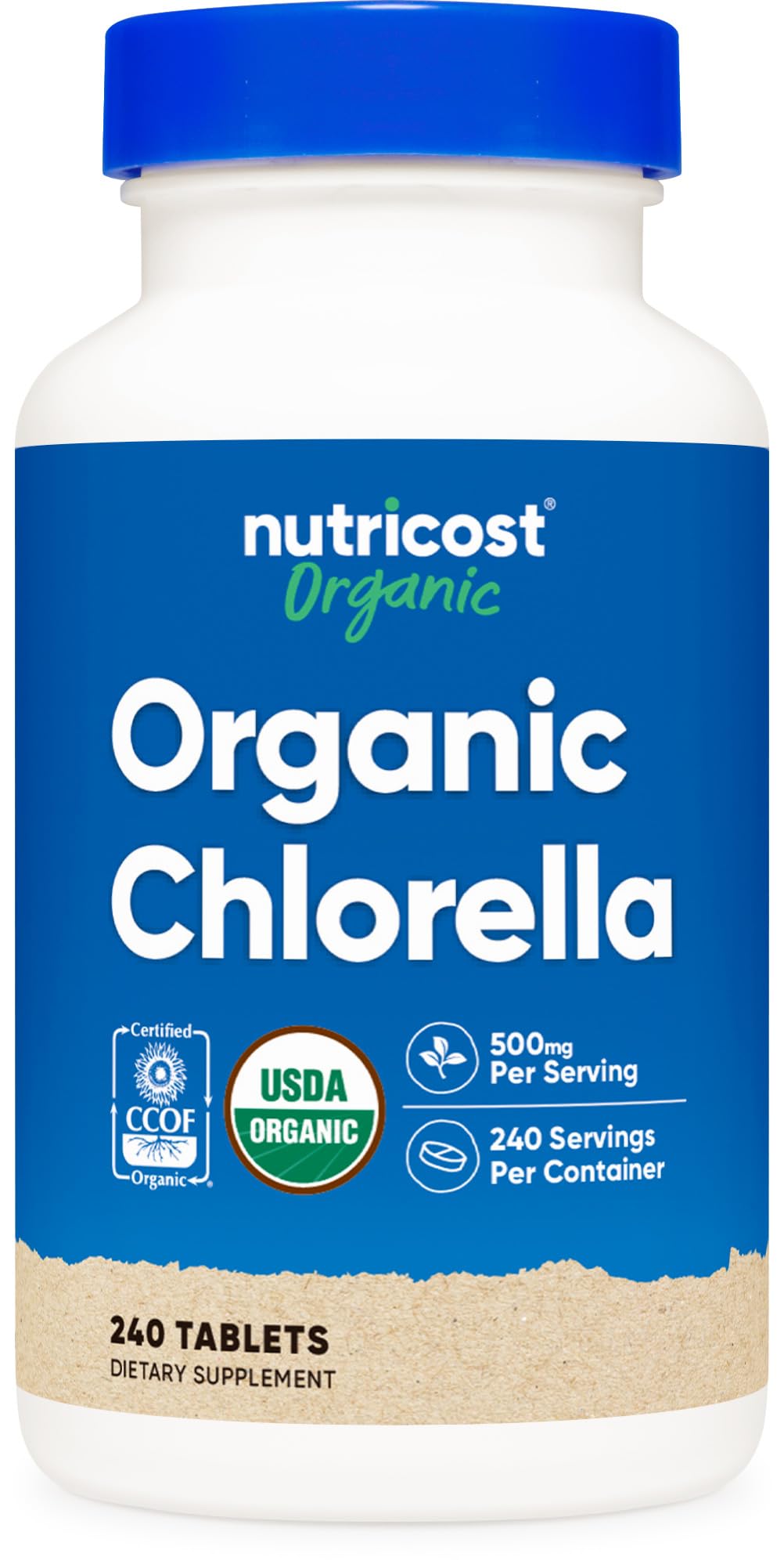 Nutricost Organic Chlorella 500mg tablets in bottle, front view, rich in chlorophyll.