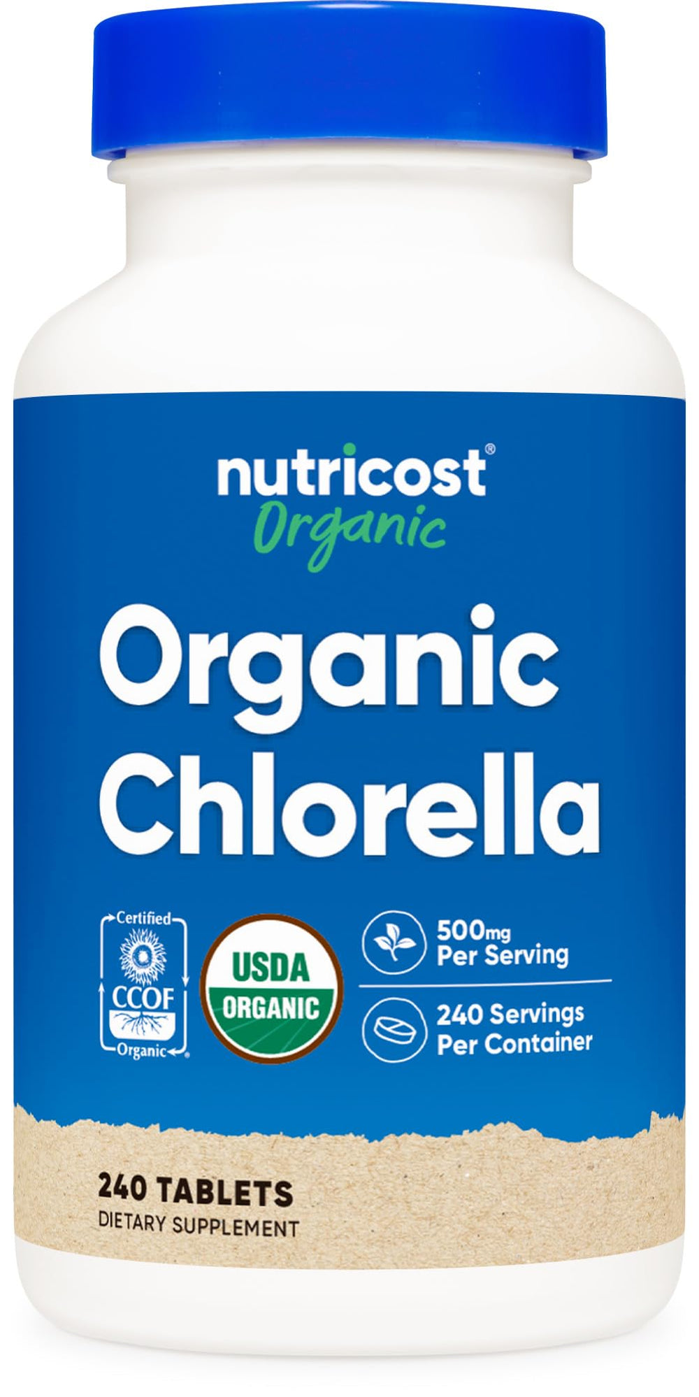 Nutricost Organic Chlorella 500mg tablets in bottle, front view, rich in chlorophyll.