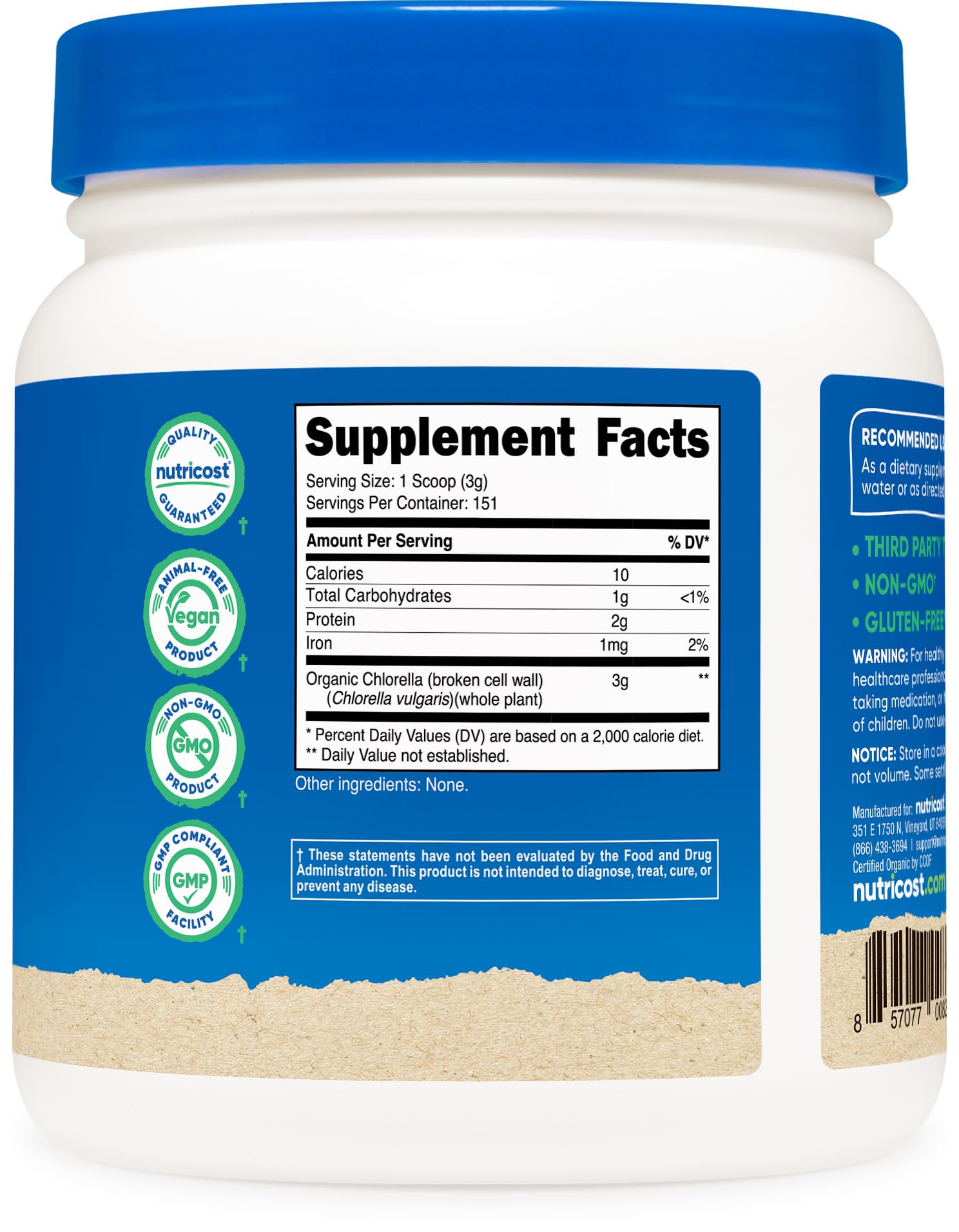 Nutricost Organic Chlorella Powder 16oz label confirms third-party testing for transparency