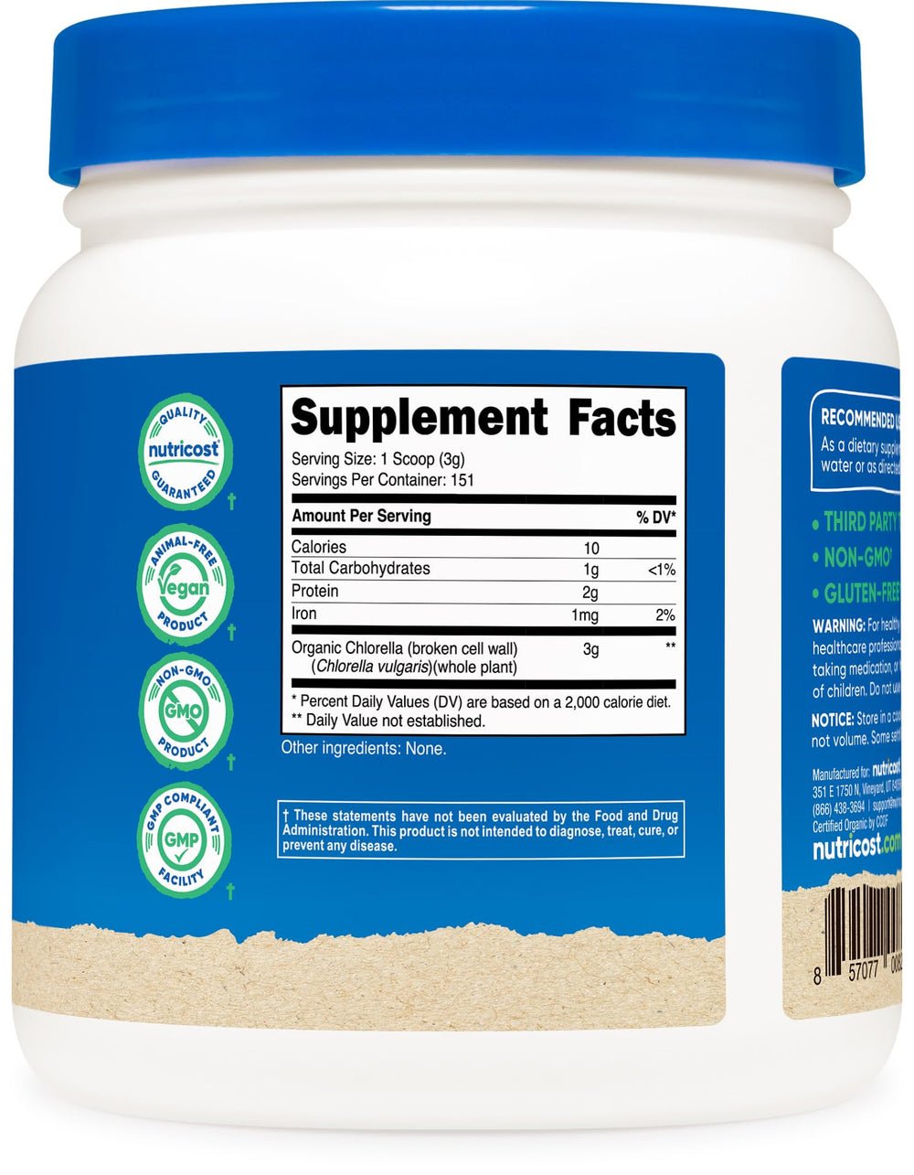 Nutricost Organic Chlorella Powder 16oz label confirms third-party testing for transparency