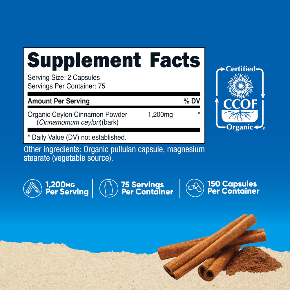 Nutricost Organic Cinnamon label close-up showing organic, gluten-free, and non-GMO details.