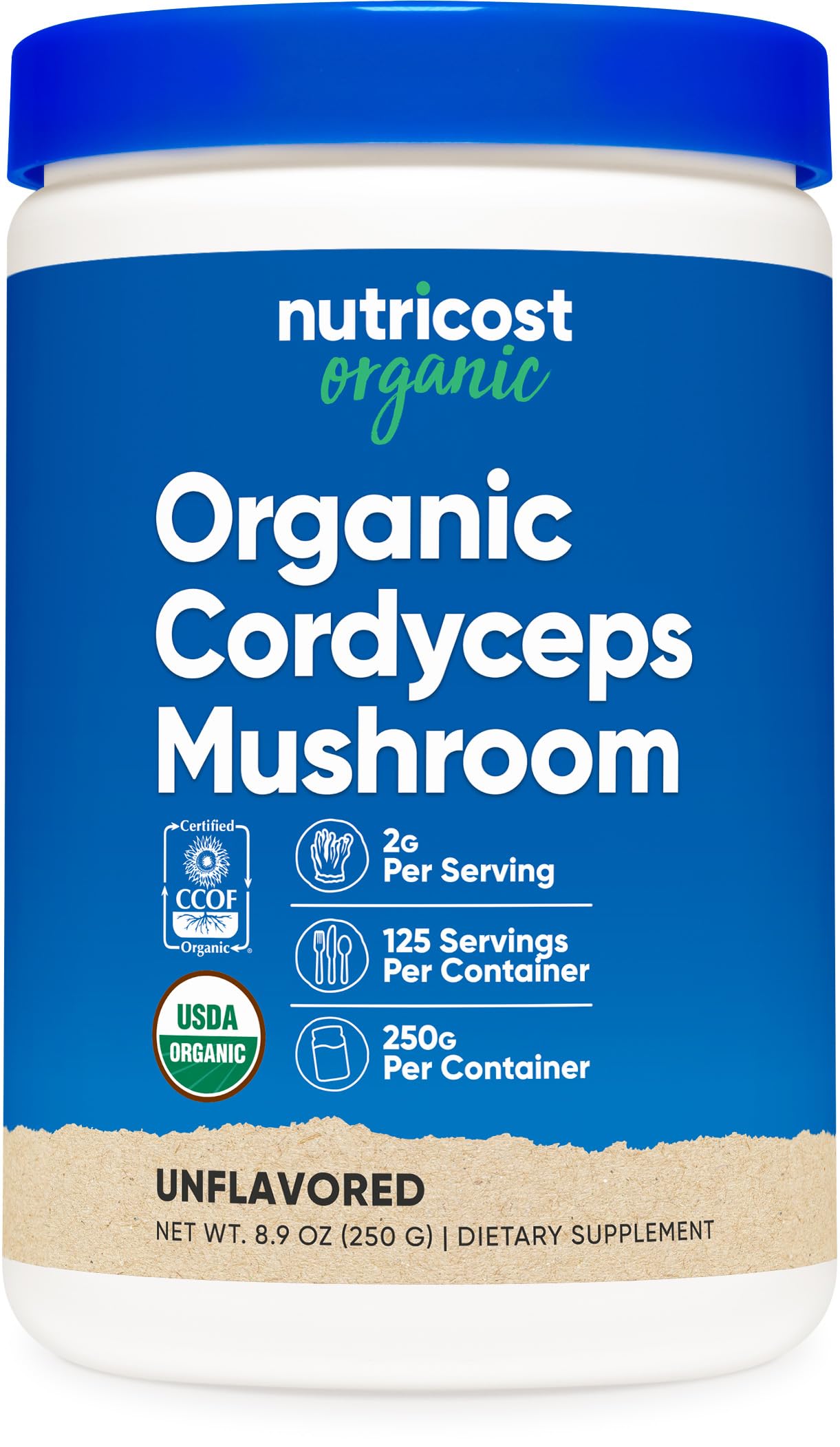 Nutricost Organic Cordyceps bottle with label, supports daily wellness routines.