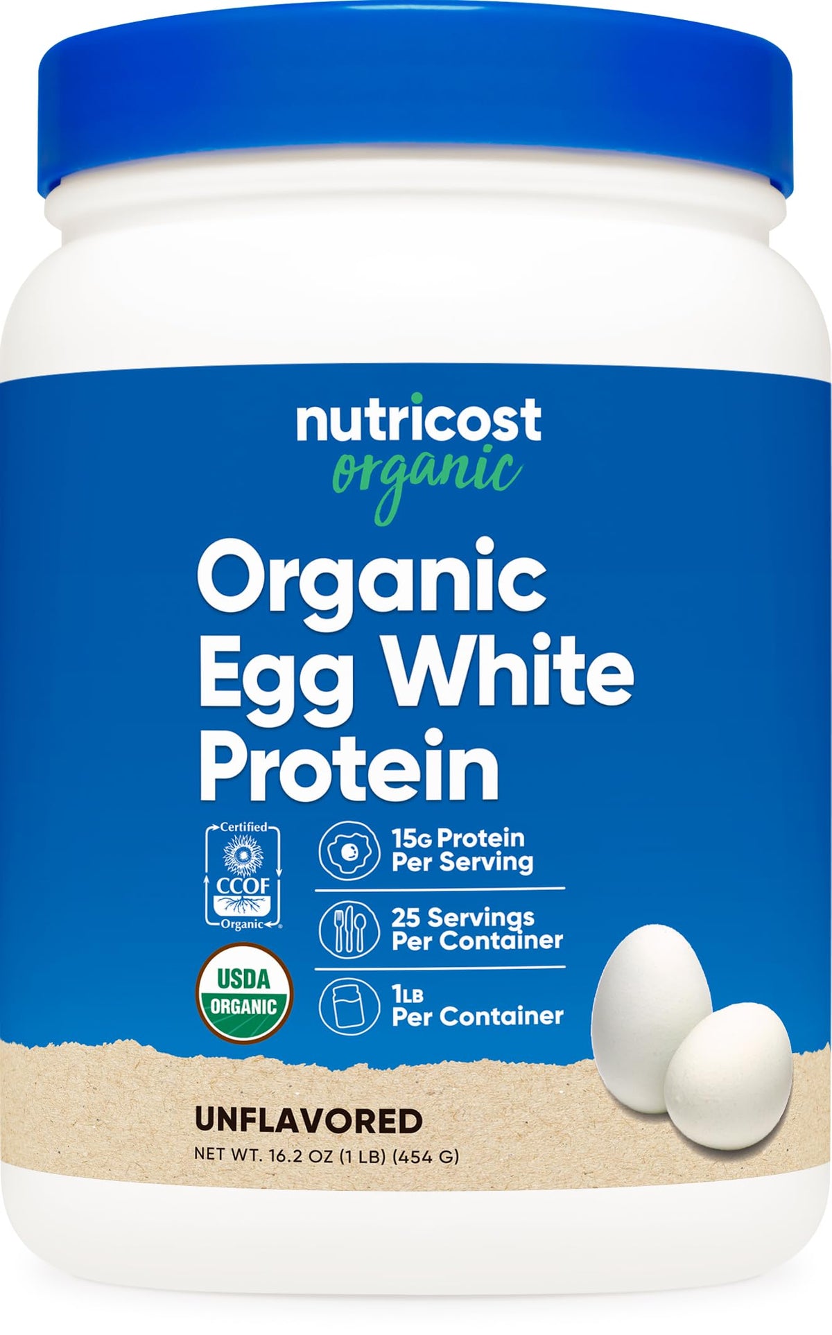 Nutricost Organic Egg White Protein Powder bottle on kitchen counter for clean protein.