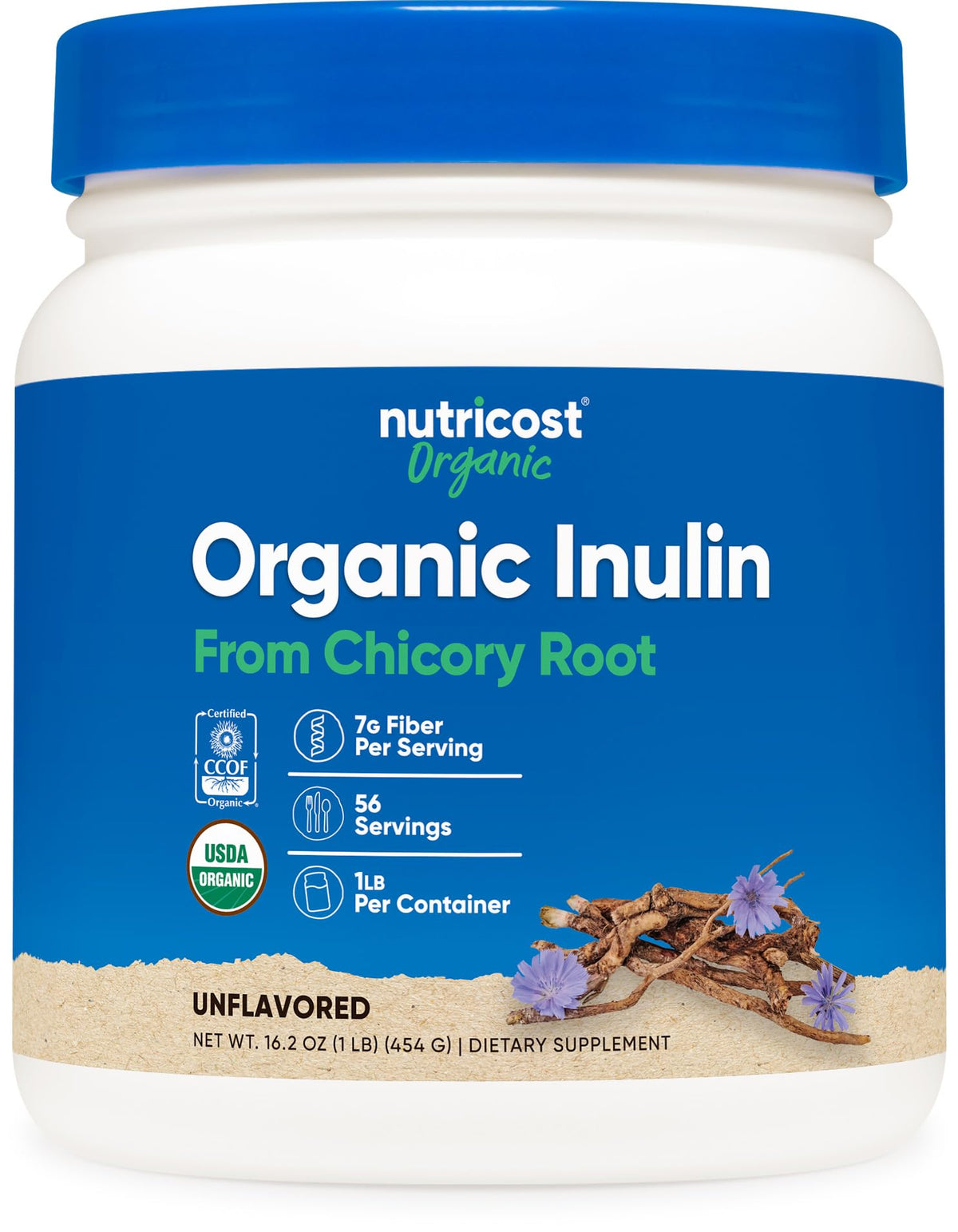 Nutricost Organic Inulin Powder bottle front with USDA Organic seal and fiber focus.