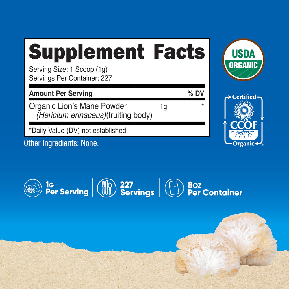 Nutricost Organic Lion's Mane powder with scoop for easy 1 g servings
