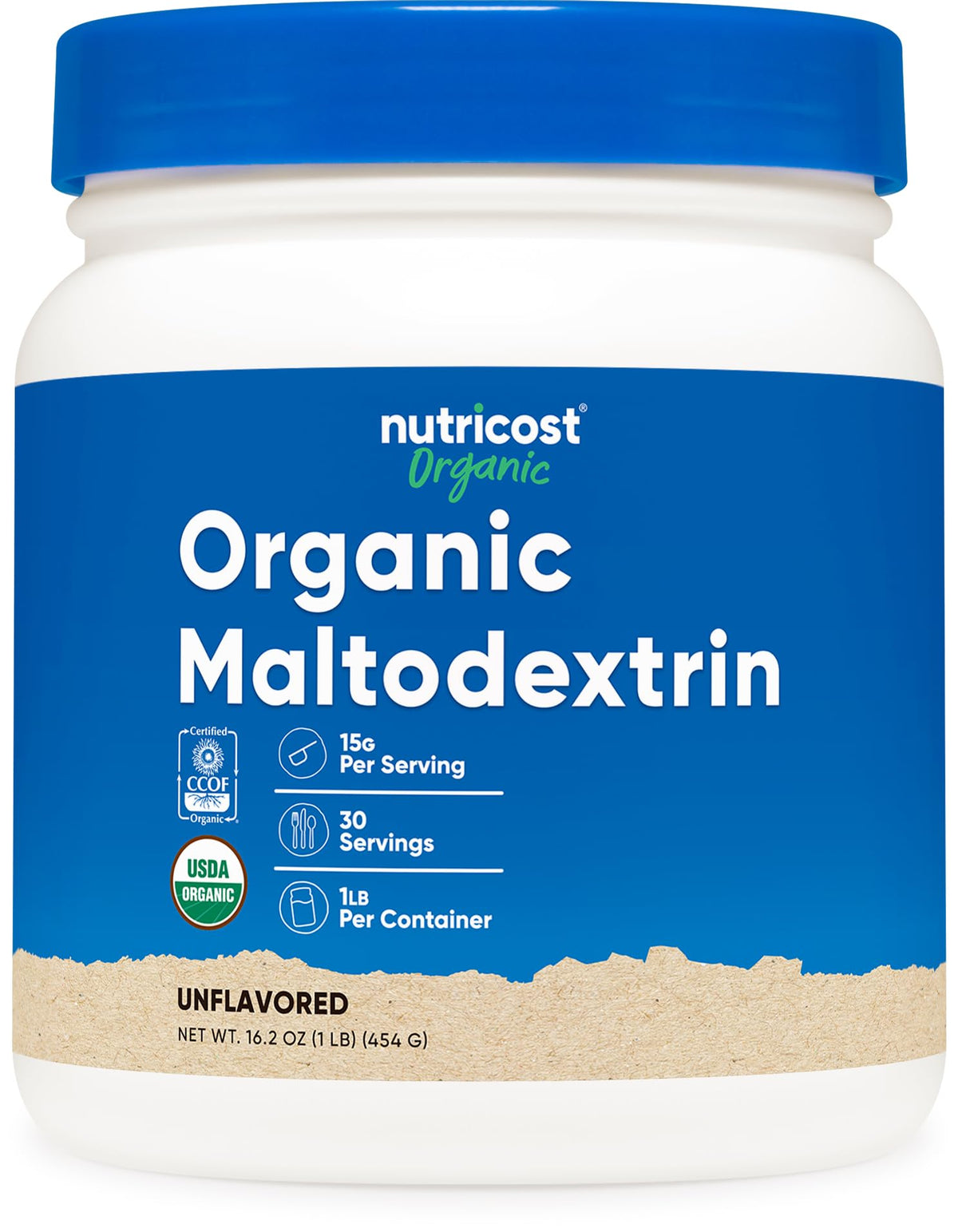 Nutricost Organic Maltodextrin Powder bottle for quick energy during workouts.