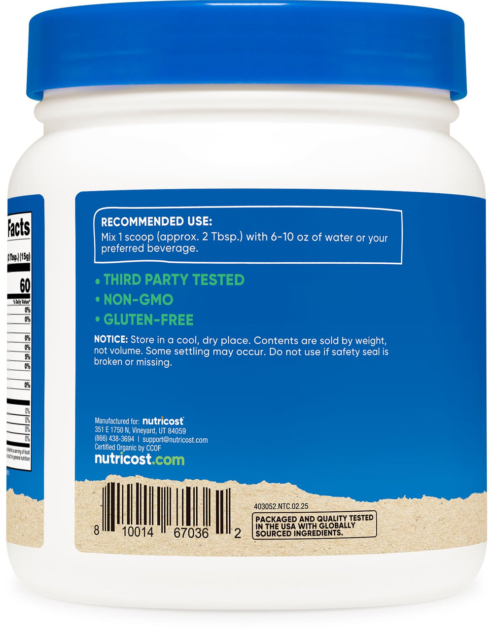 Organic Maltodextrin label highlighting non-GMO and gluten-free qualities.