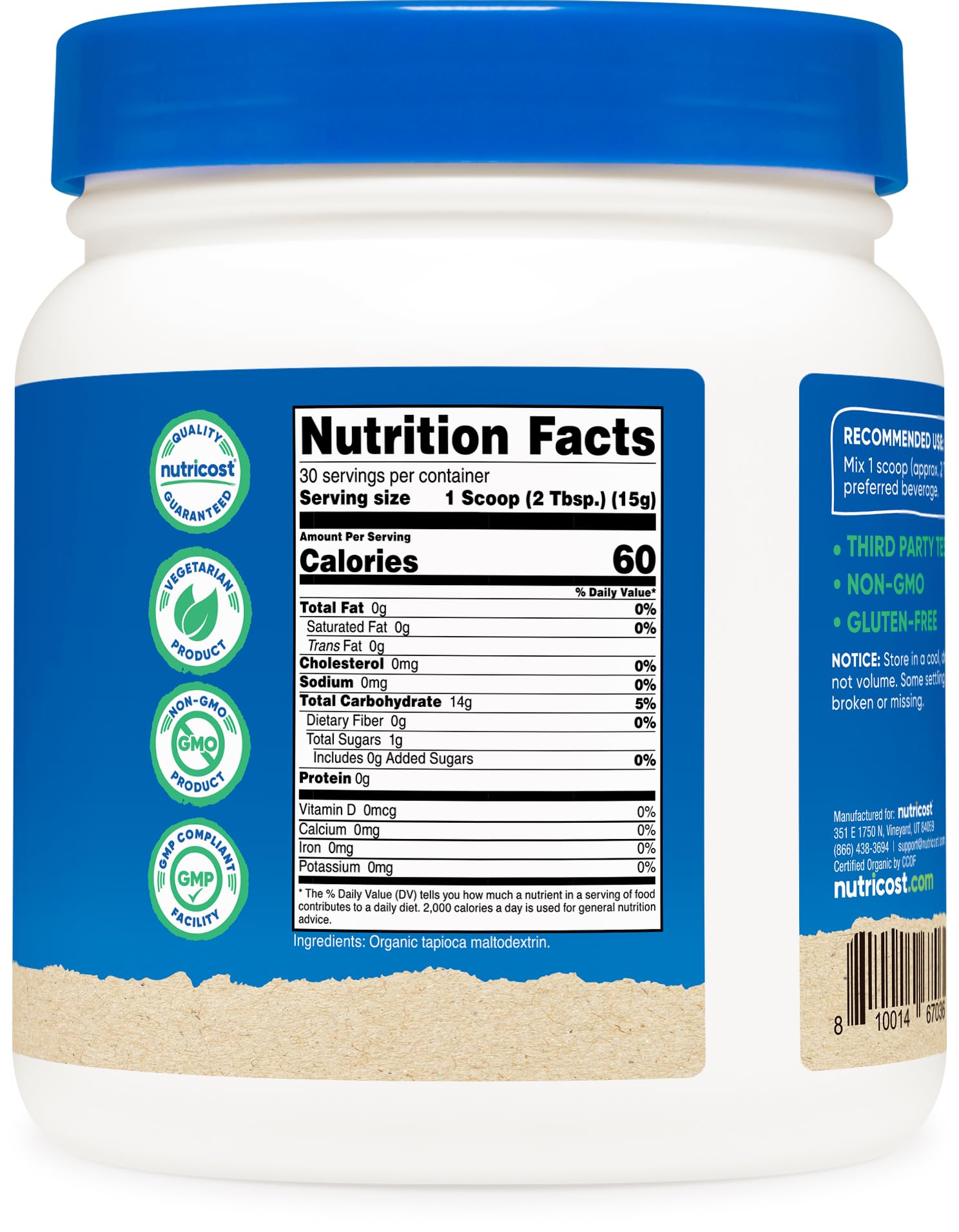1 lb jar of Nutricost Organic Maltodextrin for easy, neutral carbohydrate boost.