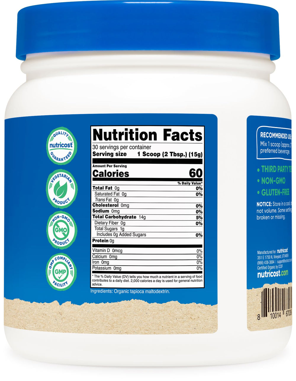 1 lb jar of Nutricost Organic Maltodextrin for easy, neutral carbohydrate boost.