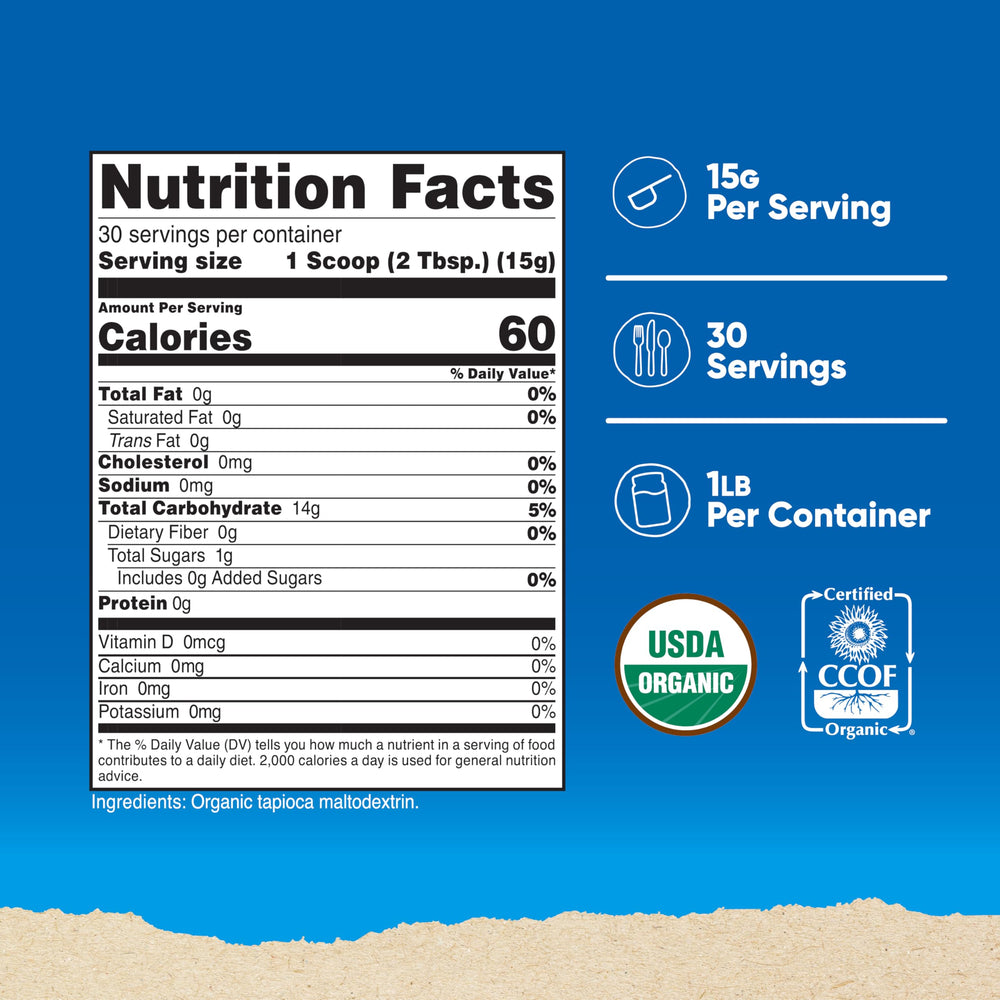 Nutricost Organic Maltodextrin Powder scoop shows 15 g per serving.