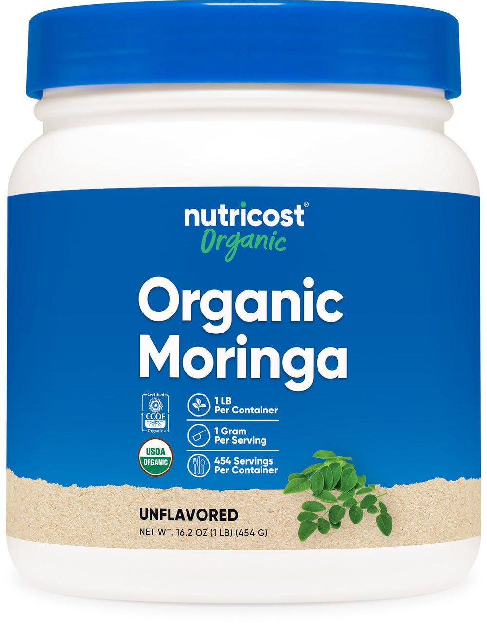 Nutricost Organic Moringa Powder 1lb bottle; plant-based nutrition.