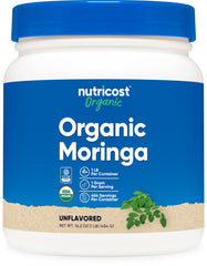 Nutricost Organic Moringa Powder 1lb bottle; plant-based nutrition.