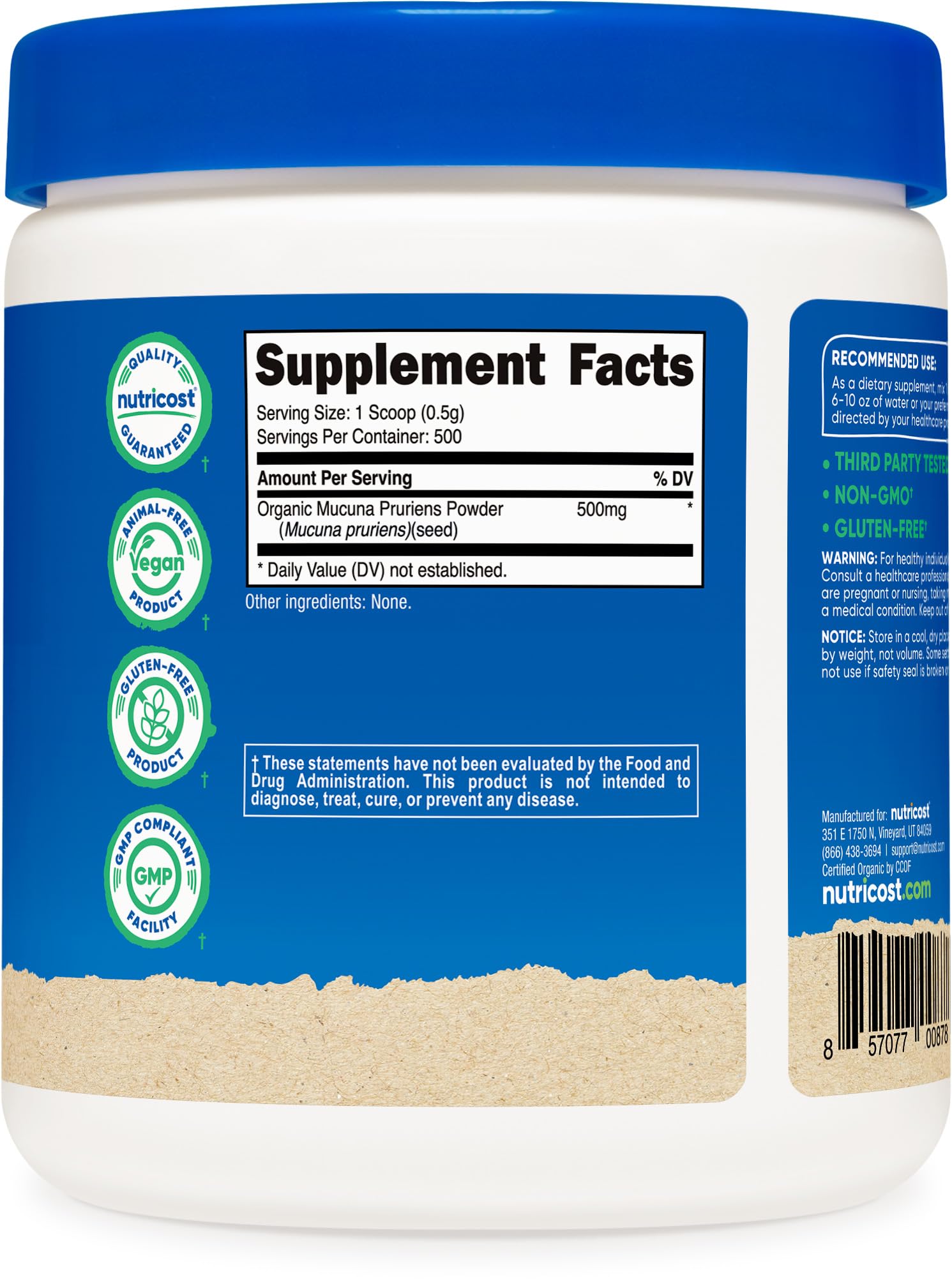 Certification label from GMP FDA facility for Nutricost Mucuna Pruriens Powder