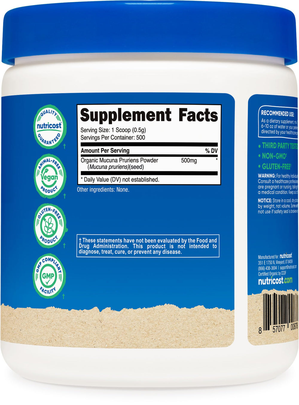 Certification label from GMP FDA facility for Nutricost Mucuna Pruriens Powder