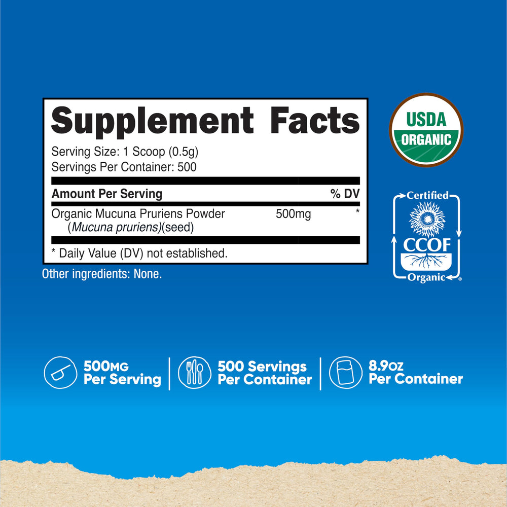 Nutricost Organic Mucuna Pruriens Powder scoop in bottle, convenient serving