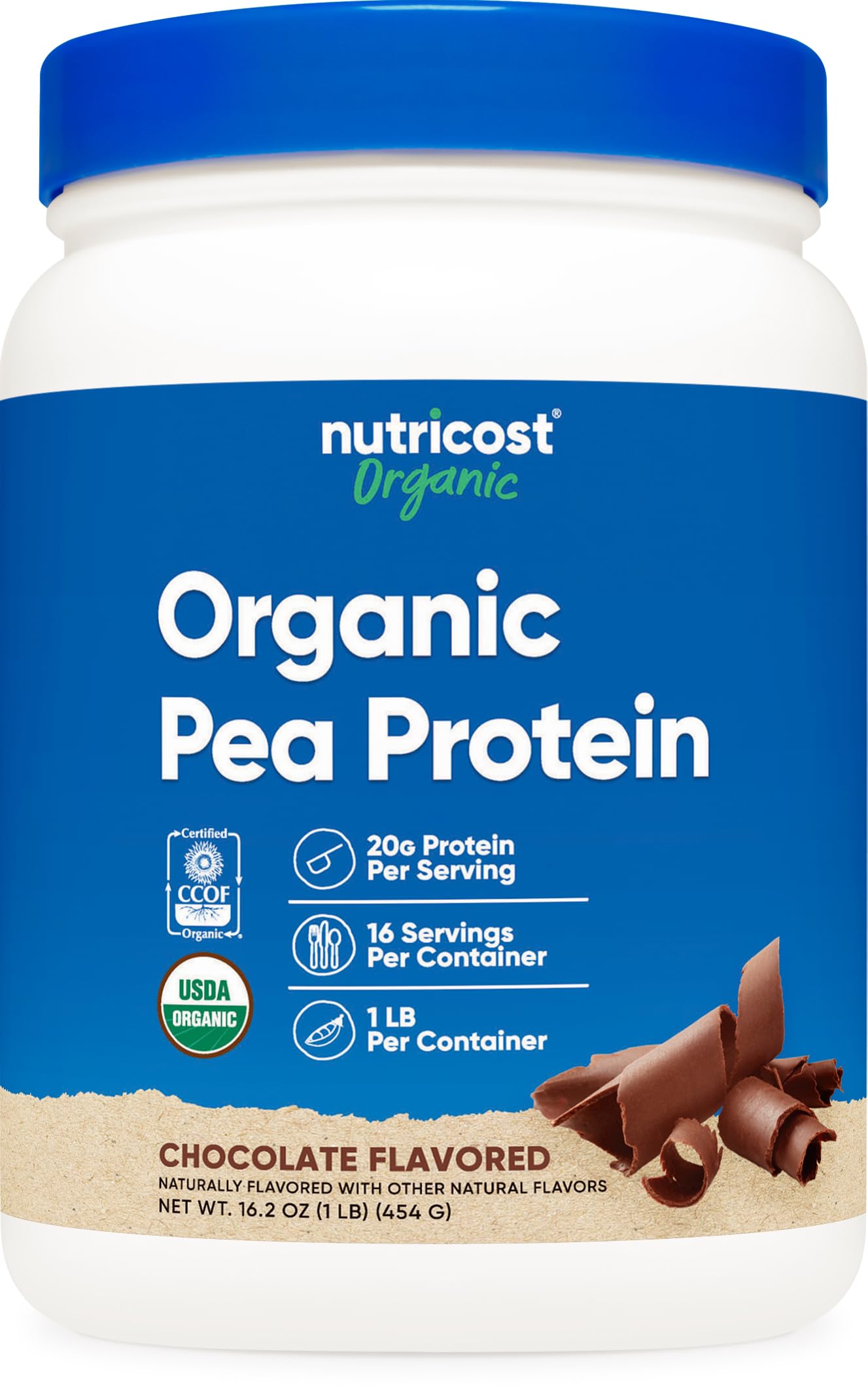 Nutricost Organic Pea Protein Chocolate container with USDA Organic certification.