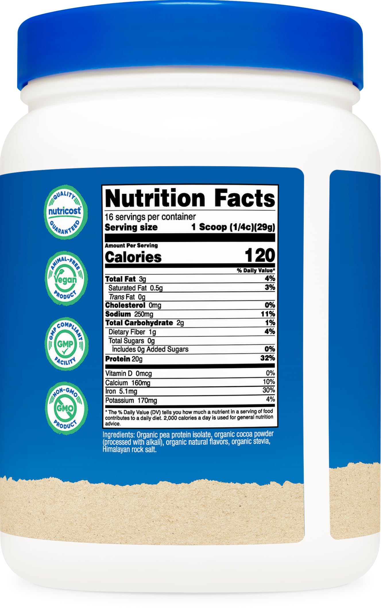 Nutricost Organic Pea Protein Chocolate label shows third-party testing.