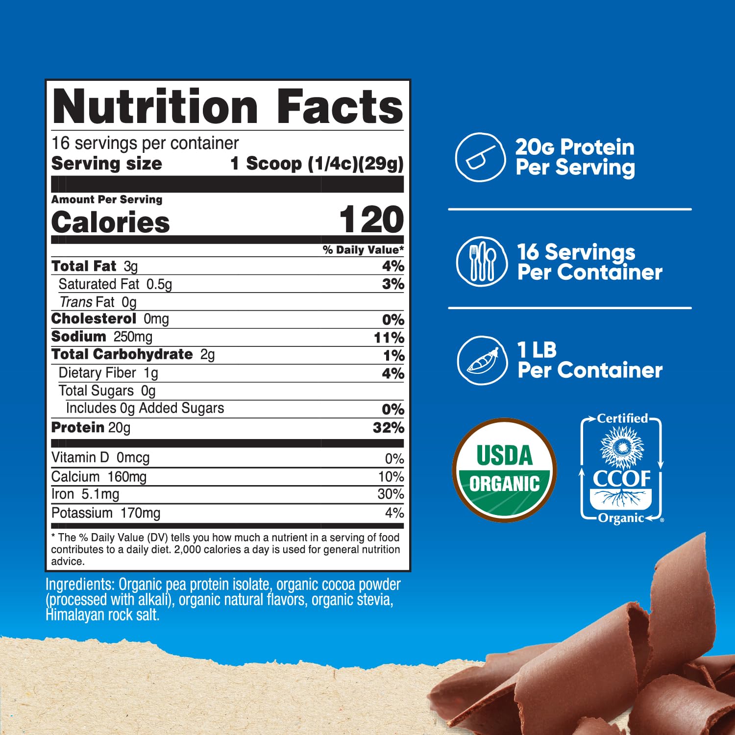 Nutricost Organic Pea Protein Chocolate scoop measuring 20g per serving.