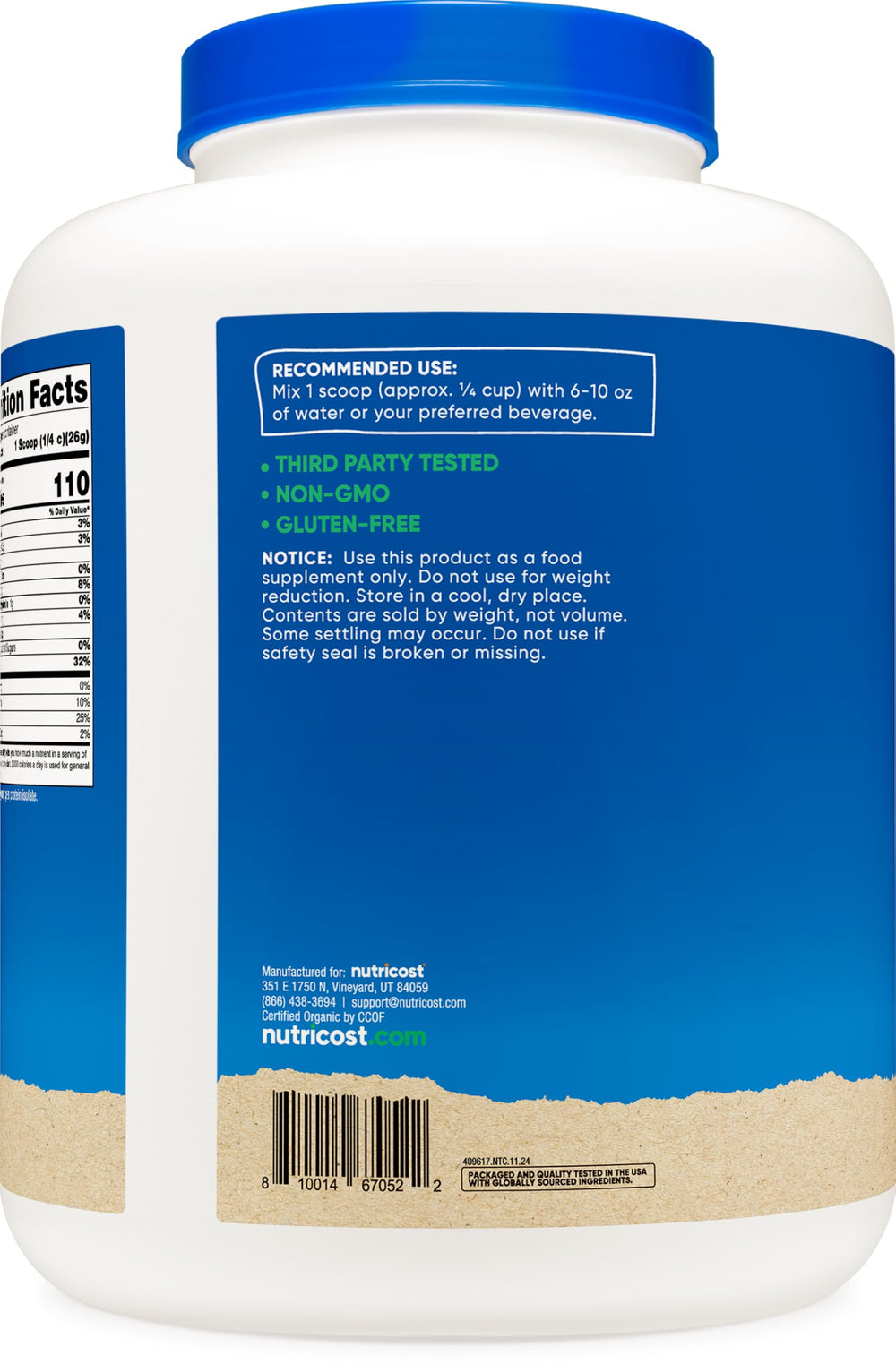 Nutricost Organic Pea Protein Isolate label showing organic and gluten-free features