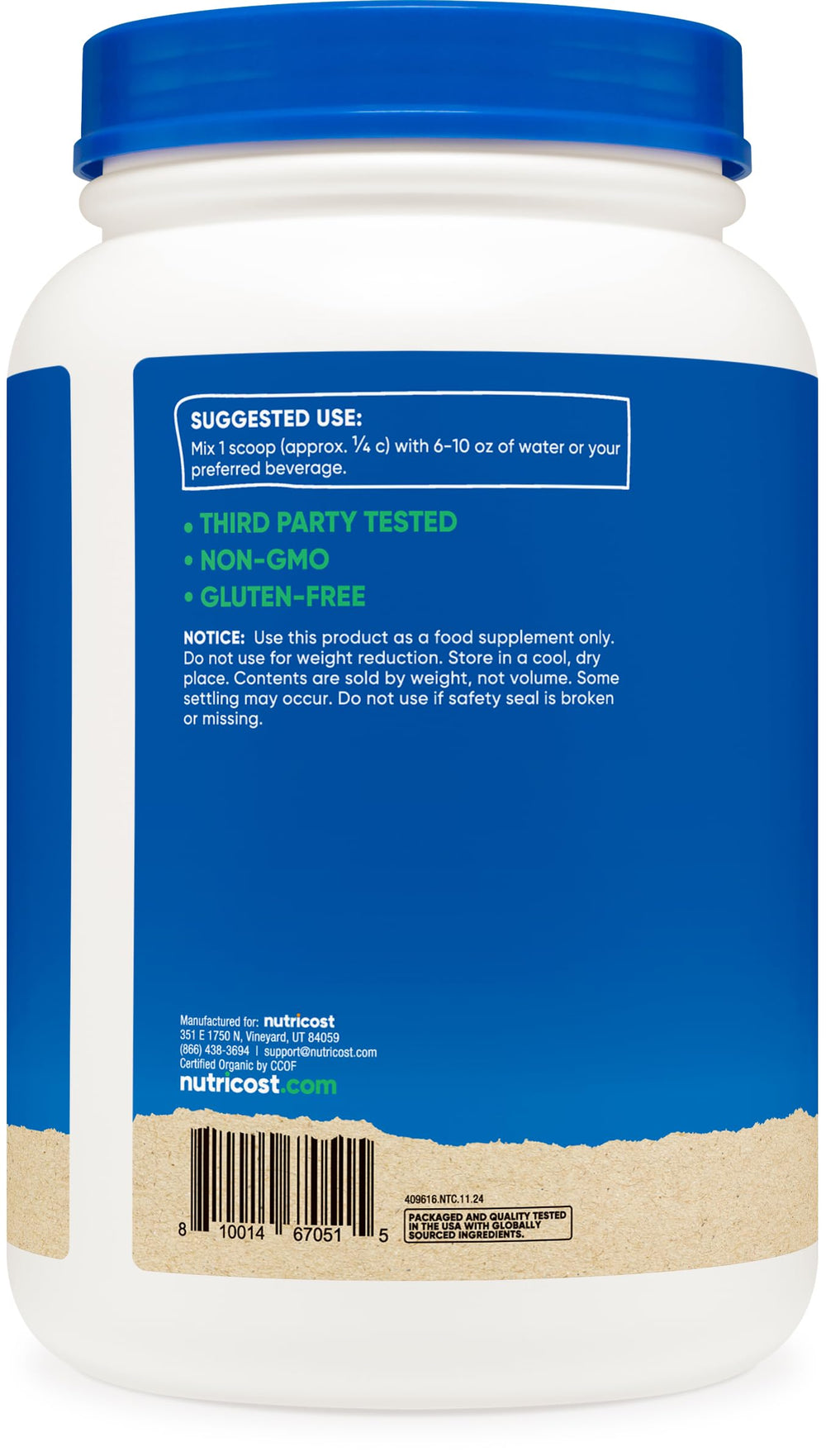 Nutricost product image with gluten-free, non-GMO icons and GMP facility note.
